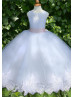 Beaded White Lace Tulle Keyhole Back Flower Girl Dress